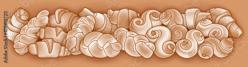Rolls, bagels, braids hand drawn vector doodles illustration.