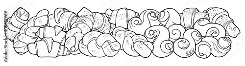 Rolls, bagels, braids hand drawn vector doodles illustration.