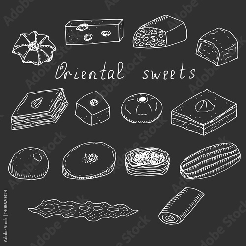 Set of oriental sweets, vector illustration, hand drawing, sketch, black background