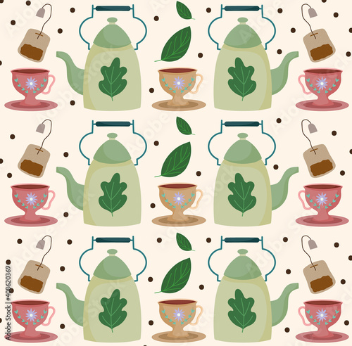Tea time teapots teacups teabags beverage herbal leaves background
