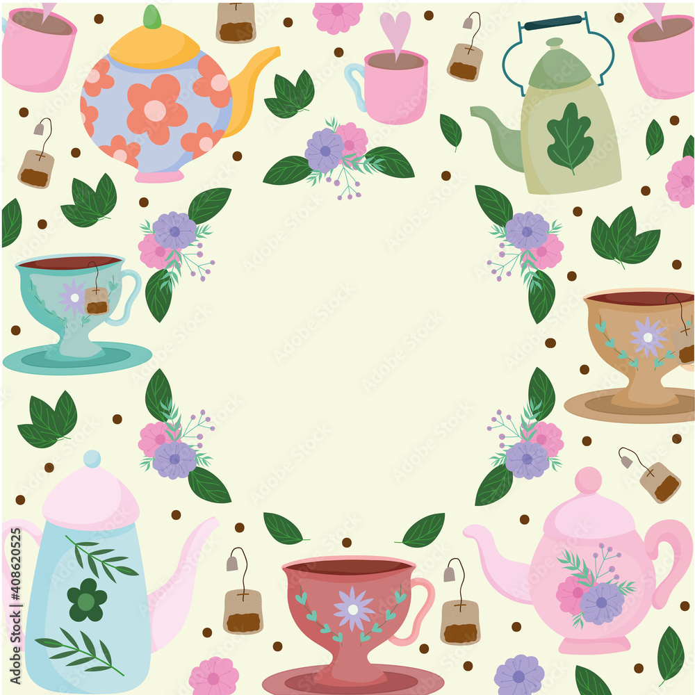 Tea time, wreath floral teapot cups leaves flowers fresh Tea time, wreath floral teapot cups leaves flowers fresh