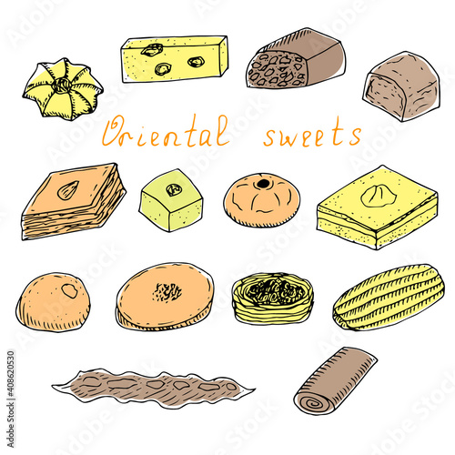 Set of oriental sweets, vector illustration, hand drawing, sketch, colored