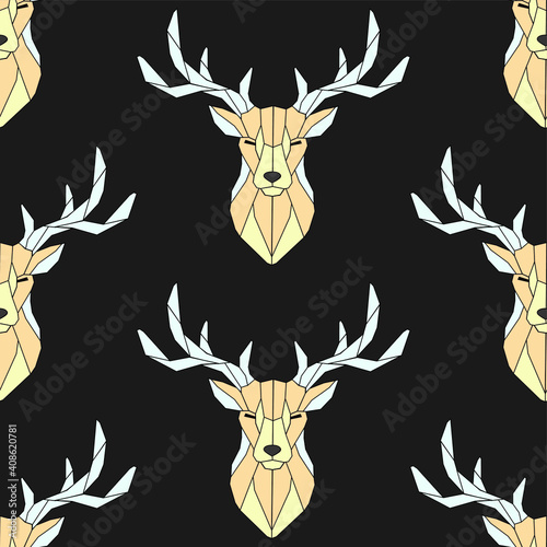 Seamless pattern polygonal deer head. Linear deer, print art, abstraction, nature. Geometric background low poly deer line.