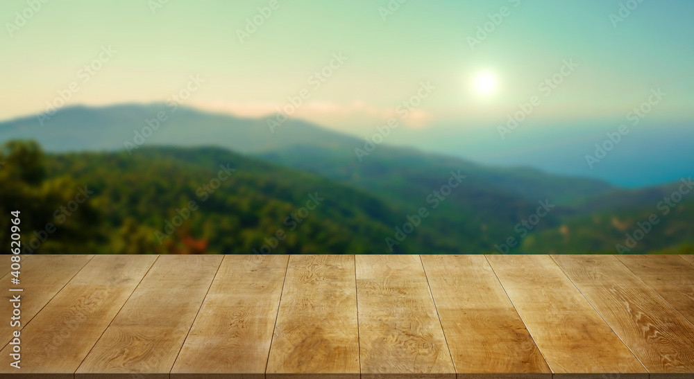 nice landscape with old wooden table nice landscape with old wooden table
