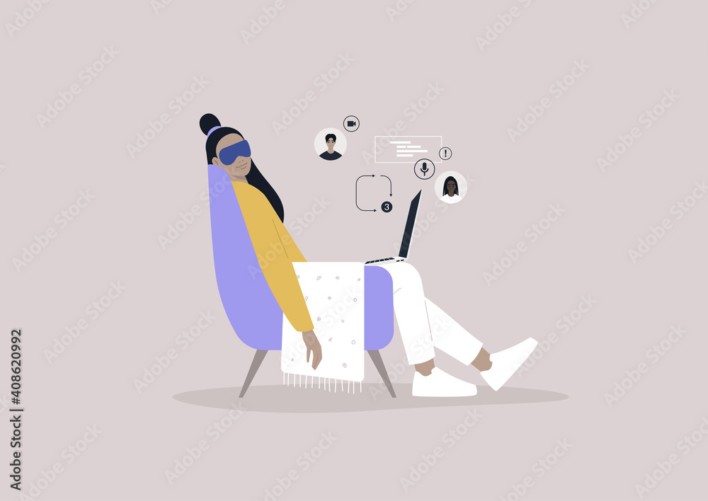 A young female character taking a nap during the working day, missed calls and messages, the lack of motivation A young female character taking a nap during the working day, missed calls and messages, the lack of motivation