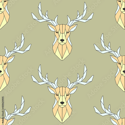 Seamless pattern polygonal deer head. Linear deer, print art, abstraction, nature. Geometric background low poly deer line.