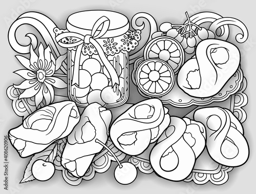 Buns, flower, jam, lemon on the napkin composition.