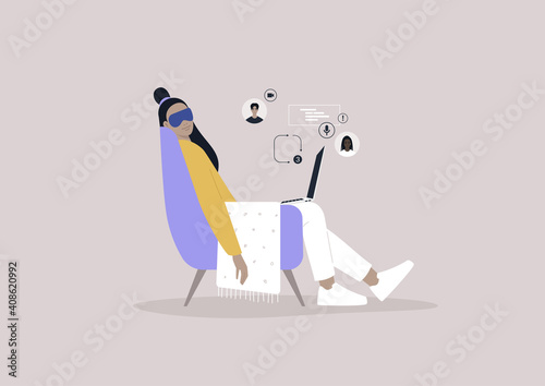 A young female character taking a nap during the working day, missed calls and messages, the lack of motivation