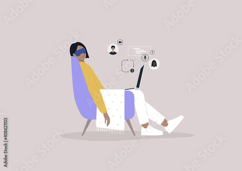 A young female character taking a nap during the working day, missed calls and messages, the lack of motivation