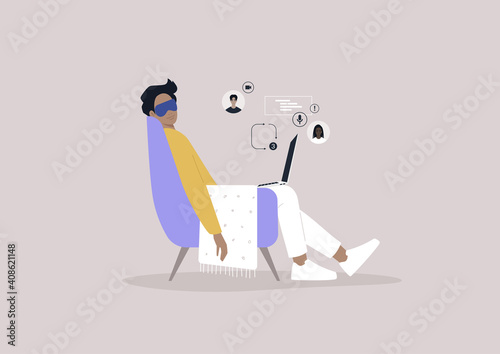 A young male character taking a nap during the working day, missed calls and messages, the lack of motivation