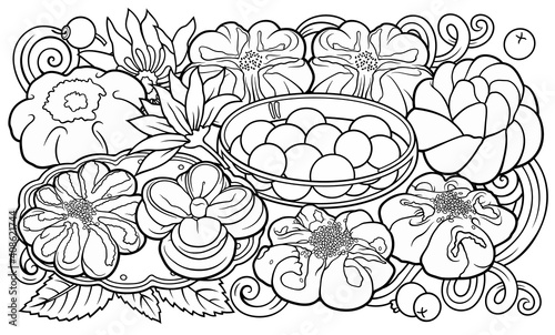 Buns, flowers, jam hand drawn vector doodle illustration.