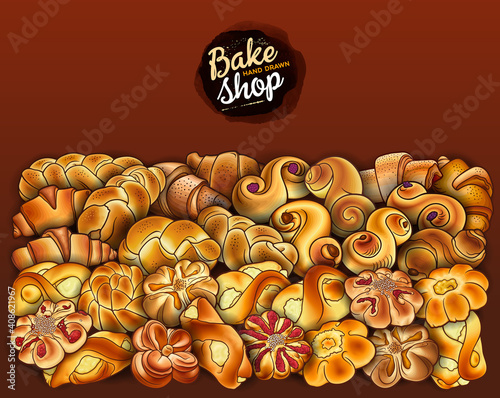 Buns and pastries hand drawn vector doodle colorful illustration.