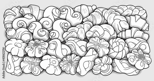 Buns and pastries hand drawn vector doodle colorful illustration.