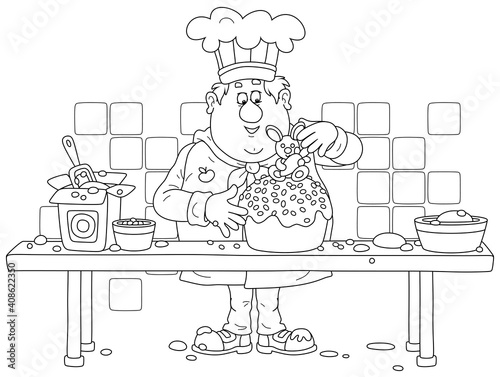 Funny fat cook confectioner standing at his kitchen work table and decorating a fancy Easter cake with a sweet toy bunny for a festive dinner, black and white outline vector cartoon illustration