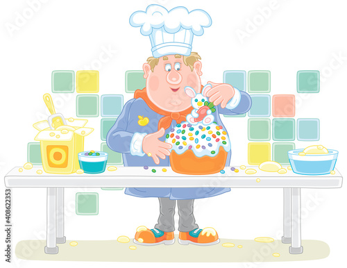 Funny fat cook confectioner standing at his kitchen work table and decorating a fancy Easter cake with a sweet toy bunny for a festive dinner, vector cartoon illustration isolated on white
