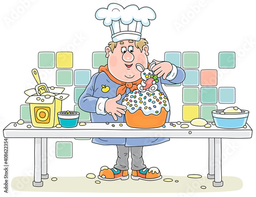 Funny fat cook confectioner standing at his kitchen work table and decorating a fancy Easter cake with a sweet toy bunny for a festive dinner, vector cartoon illustration isolated on white