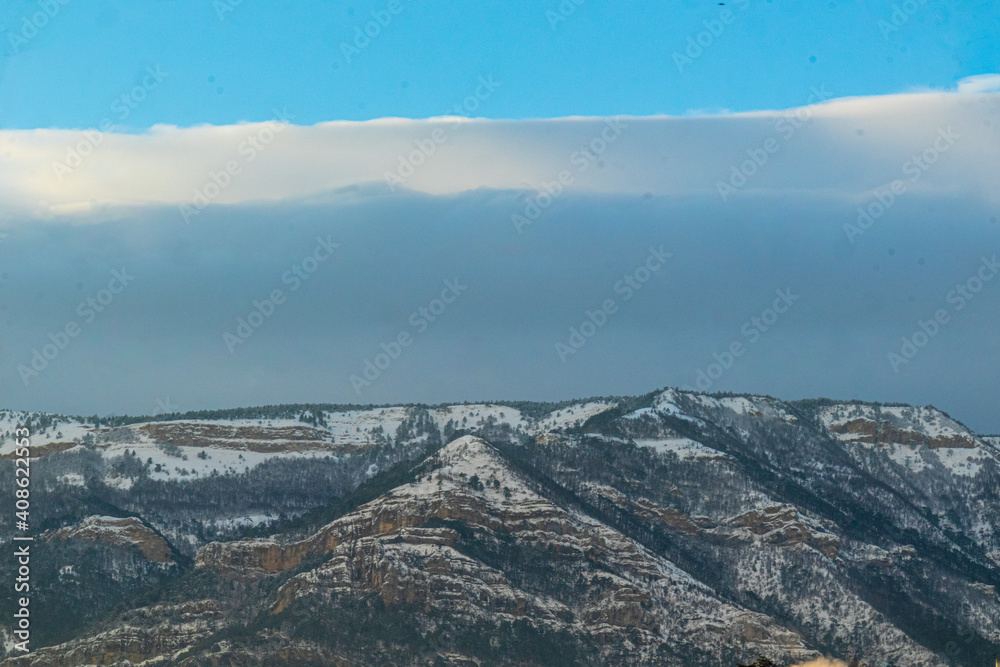 beautiful mountain landscape with plants in winter in haze, clouds, snow
