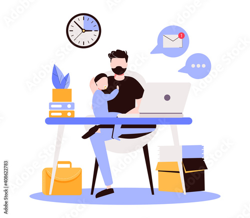 Freelancer with child working on laptop. Parent working with son. Home office. Remote worker, employee schedule, flexible schedule concept. blue vector isolated illustration