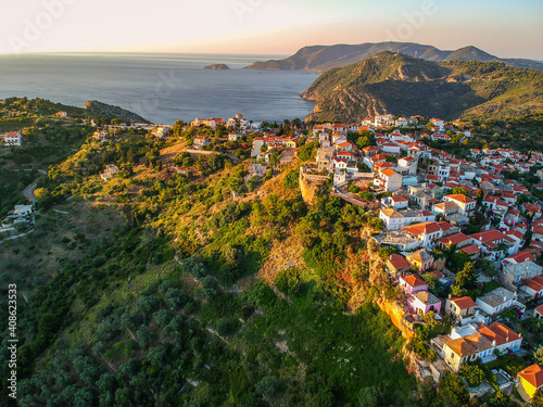 Aerial panoramic view over Chora the beautiful old Village of Alonnisos island, Sporades, Greece photo