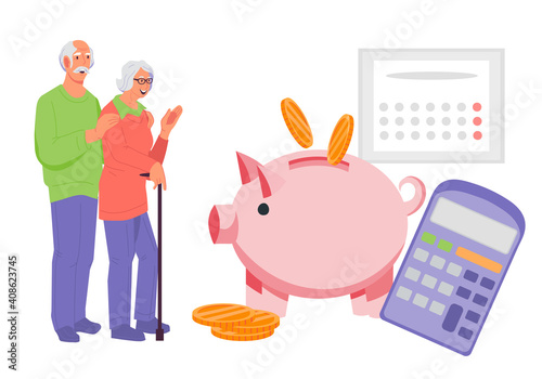 Retirement or pension savings banner backdrop with grandparents stand near piggy bank and calculator. Pension fund and bank money saving program for retirement age, flat vector isolated on white.