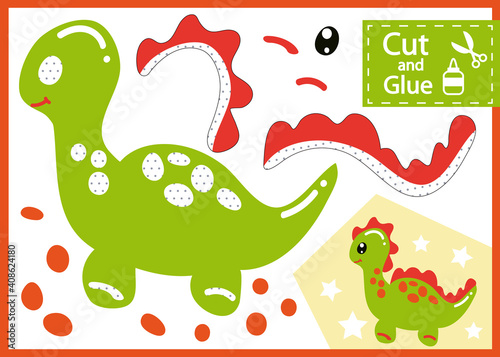 Cut and glue the paper Dinosaur. Children  worksheet. Kids art game and activities page. Children craft. Vector illustration.