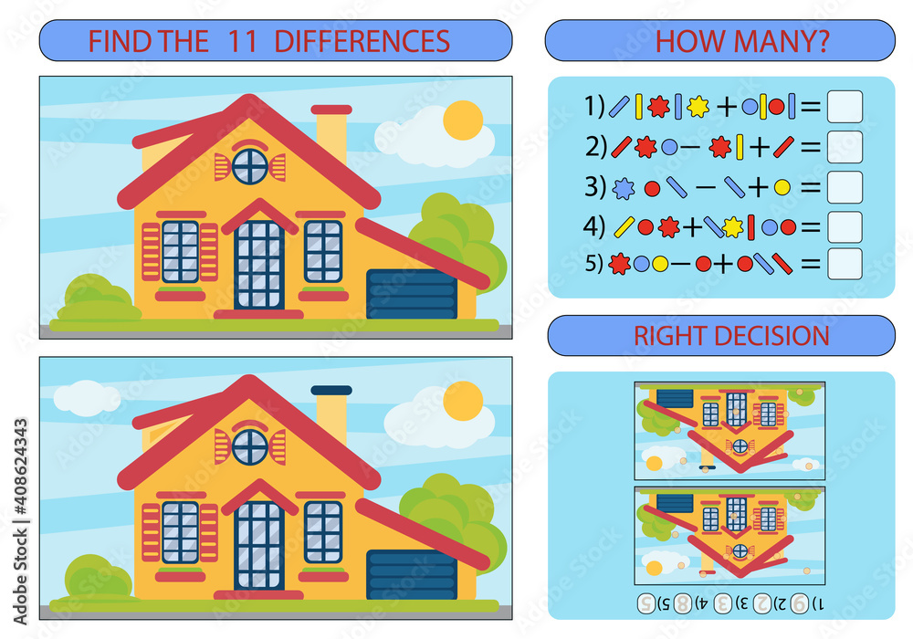 Difference game with cartoon house. Children worksheet. Mathematical exercise. Vector illustration.