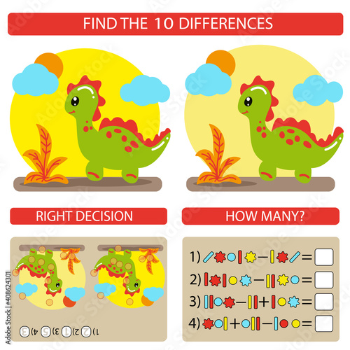Kids difference game with dinosaur. Children education riddle. Mathematical exercise. Vector illustration.