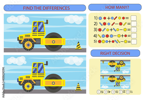 Find the difference the two road roller. Children funny riddle entertainment. Sheet different toys construction equipment. Game tasks for attention. Mathematical exercise. Vector illustration. © Betswork