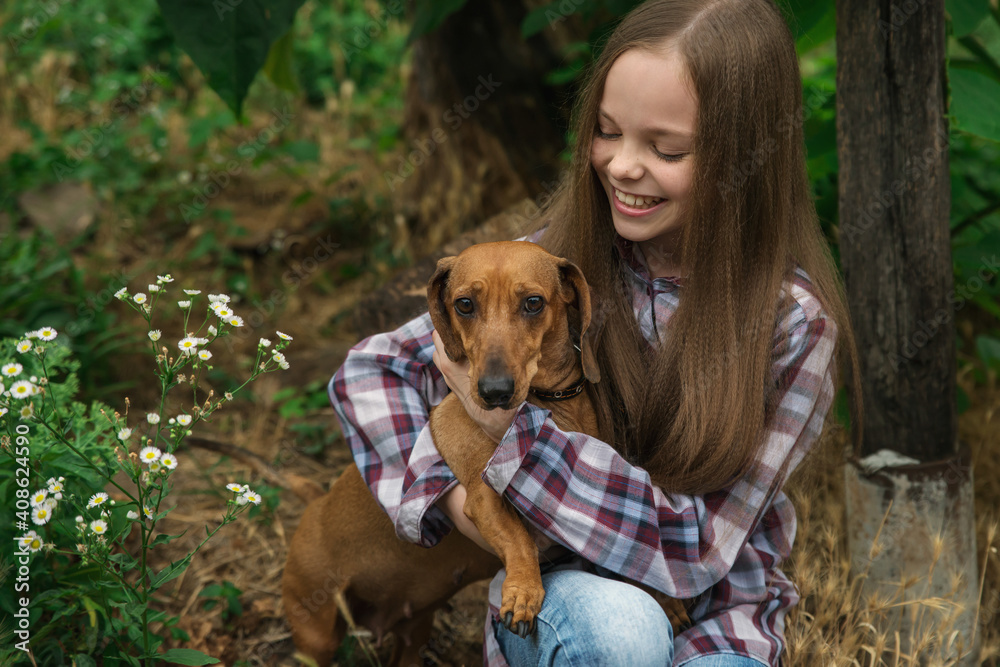 Little girl playing with her dachshund  dog