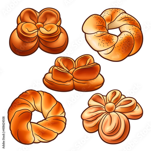 Buns hand drawn vector doodles set.