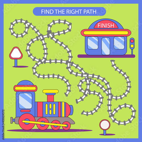 Find the right path from Train to station. Children funny riddle entertainment and amusement. Kid’s art game and activities jigsaw. Vector illustration.