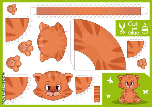 Cut and glue the paper cat. Kids craft. Children worksheet. Finger puppet. Kids art game. Vector illustration.