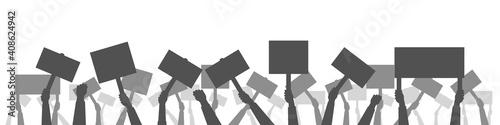 Protest people with poster silhouette, hand holding protesting banners vector demonstration flat background