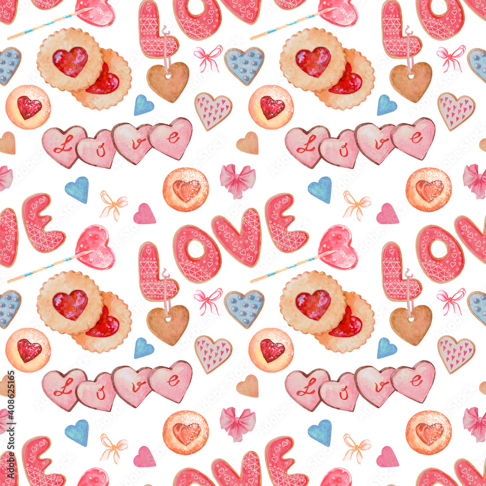 Cookies and gingerbread. Seamless pattern. The watercolor images are hand-drawn and isolated on a white background. Valentine's Day. Cookies and gingerbread. Seamless pattern. The watercolor images are hand-drawn and isolated on a white background. Valentine's Day.