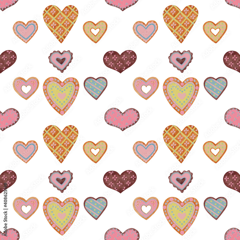 Gingerbread with icing, in the shape of a heart. Watercolour, gouache . The images are hand-drawn and isolated on a white background. Gingerbread with icing, in the shape of a heart. Watercolour, gouache . The images are hand-drawn and isolated on a white background.