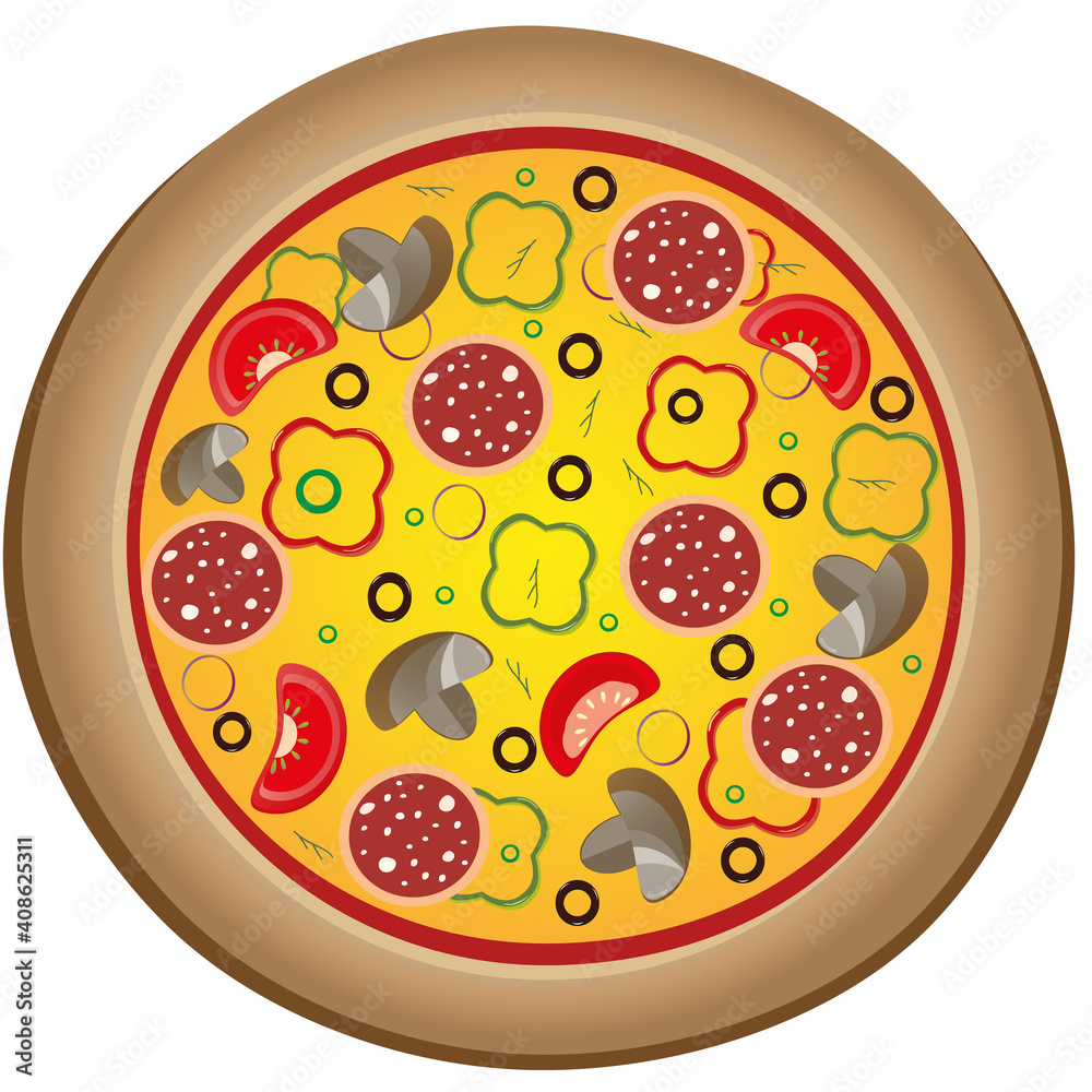 Icon with italian pizza with sausage, tomato and mushrooms icon Icon with italian pizza with sausage, tomato and mushrooms icon