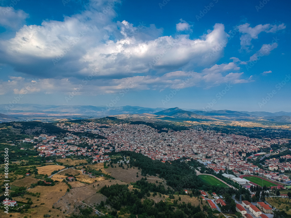 Aerial panoramic view over Kozani city, Greece