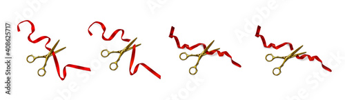Gold scissors cut red bows and curly ribbons. Festive elements for wrapping gift box, opening ceremony, birthday present or invitation card design isolated on white background. Realistic 3d vector set