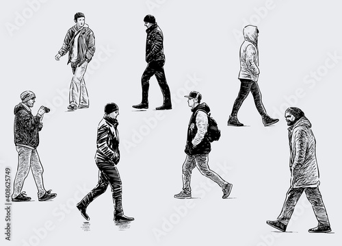 Freehand drawings of casual male pedestrians striding along street