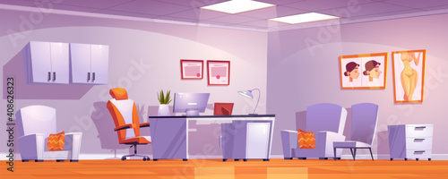 Plastic surgery clinic cabinet interior with doctor stuff and furniture. Cartoon vector empty hospital room with chair, medicine locker, desk with computer, medical certificates and posters on wall