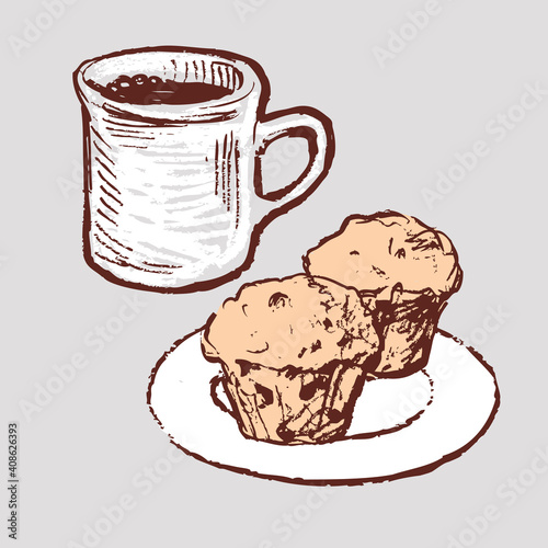 Vector drawing of coffee cup and muffins on saucer