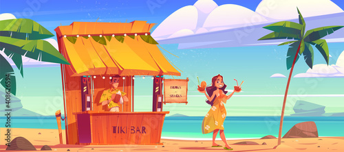 Woman buying cocktail in tiki hut bar with barman on hawaii beach, Smiling girl in summer dress carry coconut drink walking along sandy ocean coastline with palm trees, Cartoon vector illustration