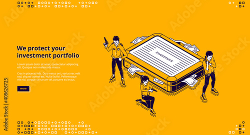 Investment portfolio protection isometric landing page, Financial insurance, tiny security guards protect huge case with money bills, secure invest, deposit savings. 3d vector line art web banner