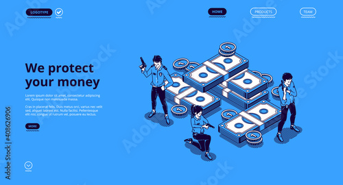 Guarantee money security, financial insurance, safety investment concept. Vector landing page of finance protect service with isometric illustration of police guards, cash and coins