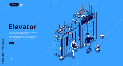 People in elevator isometric landing page. Characters use passenger or freight lift, man and woman stand at closed and open doors with parcel, business center, mall hall 3d vector line art web banner