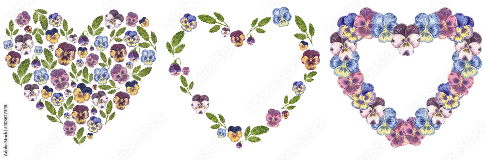 Set of botanical heart shaped wreaths made of viola flowers in green, purple, blue colors. Hand drawn watercolor illustration.