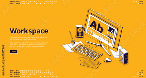 Workspace isometric landing page. Designer home office, freelancer workplace with computer monitor connected to painting tablet, digital pen and dynamics on desk , 3d vector line art web banner