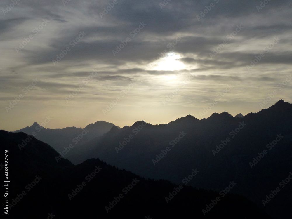 Sunset at Stubai high-altitude hiking trail, lap 3 in Tyrol, Austria