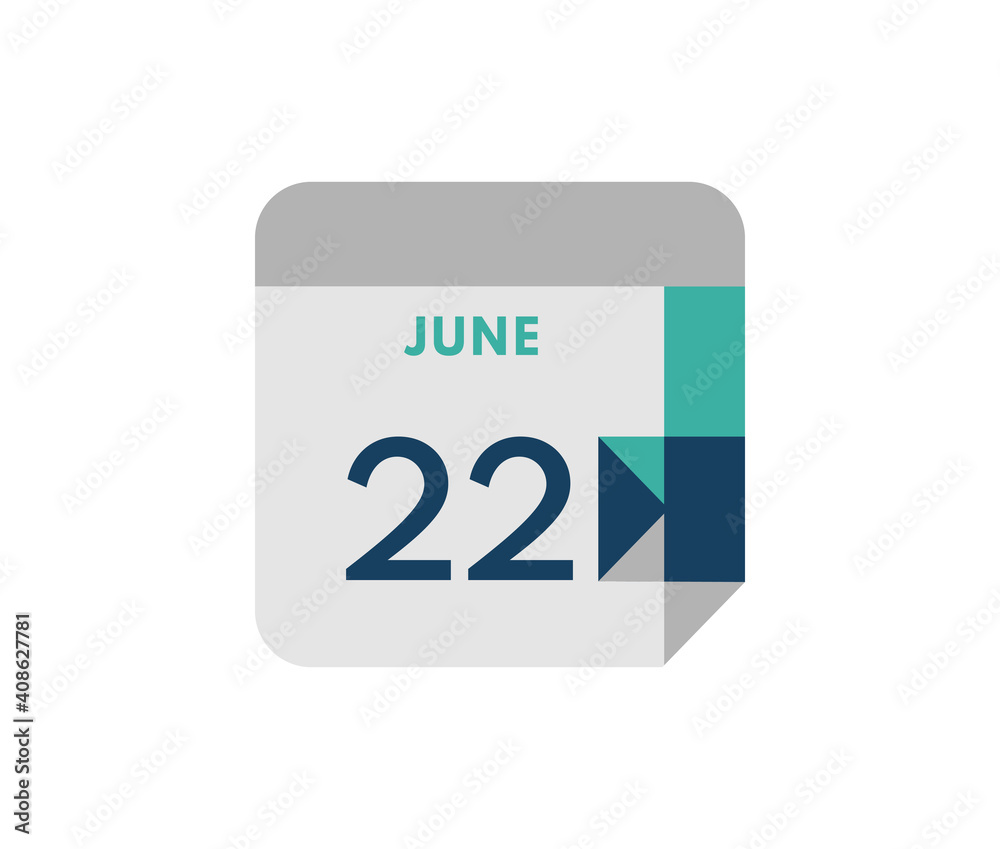 June 22 flat daily calendar date, 22 June Single Day Calendar Icon June 22 flat daily calendar date, 22 June Single Day Calendar Icon
