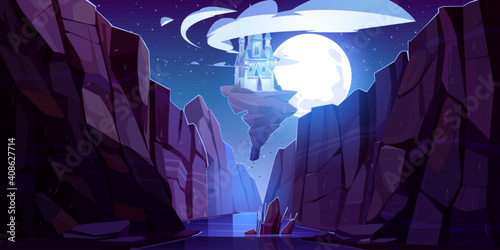Flying magic castle at night bottom up view, fairy palace float in dark sky on piece of rock above mountain gorge. Fantasy fortress at full moon midnight scenery landscape Cartoon vector illustration